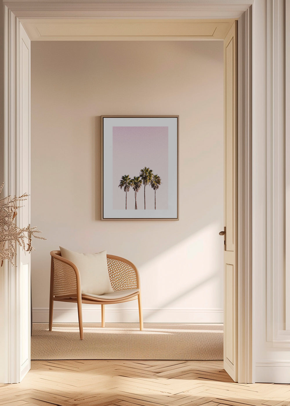 Botanisk plakat: palmer mod lyserød himmel