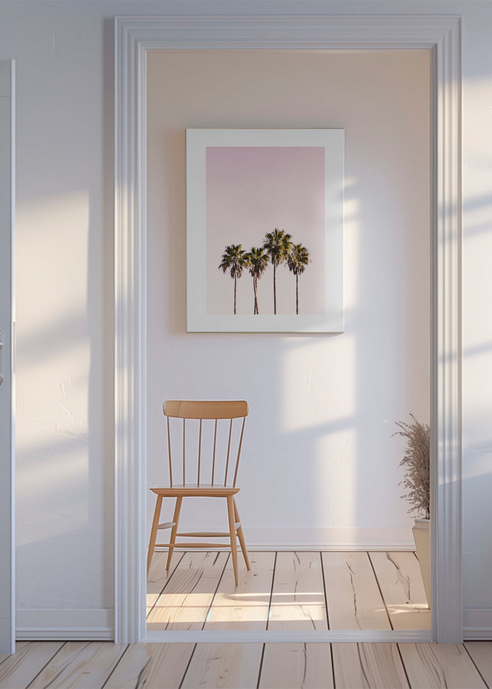 Botanisk plakat: palmer mod lyserød himmel