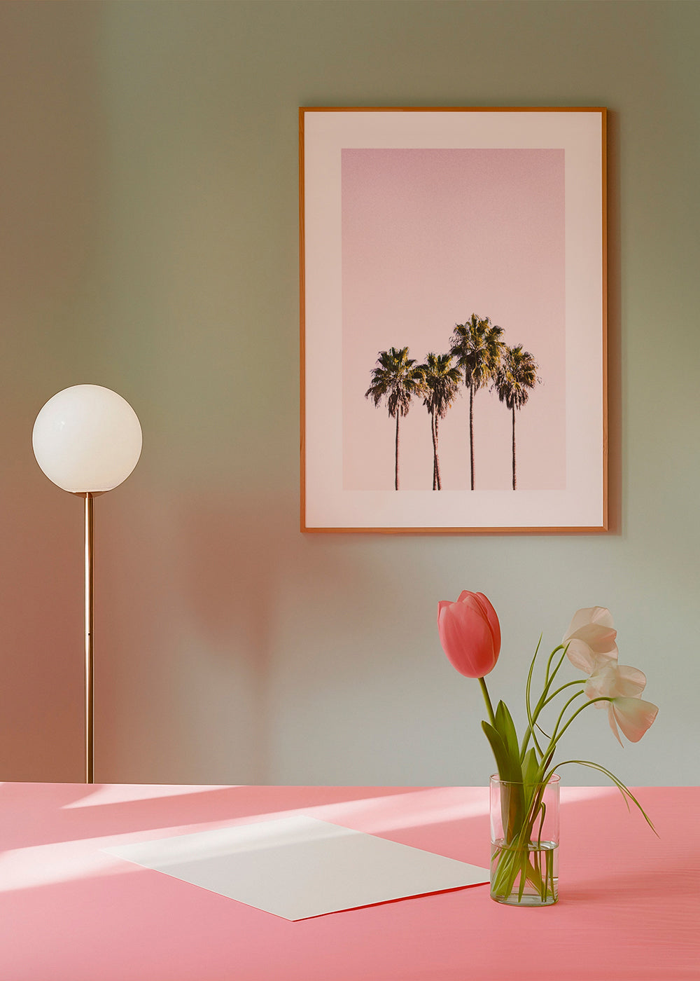 Botanisk plakat: palmer mod lyserød himmel