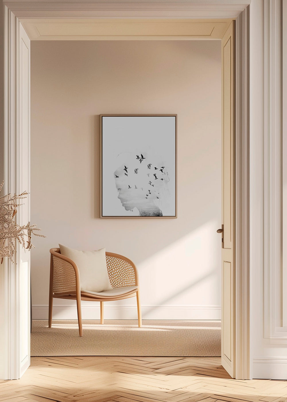 Sort-hvid kunst: profil med fugleflok