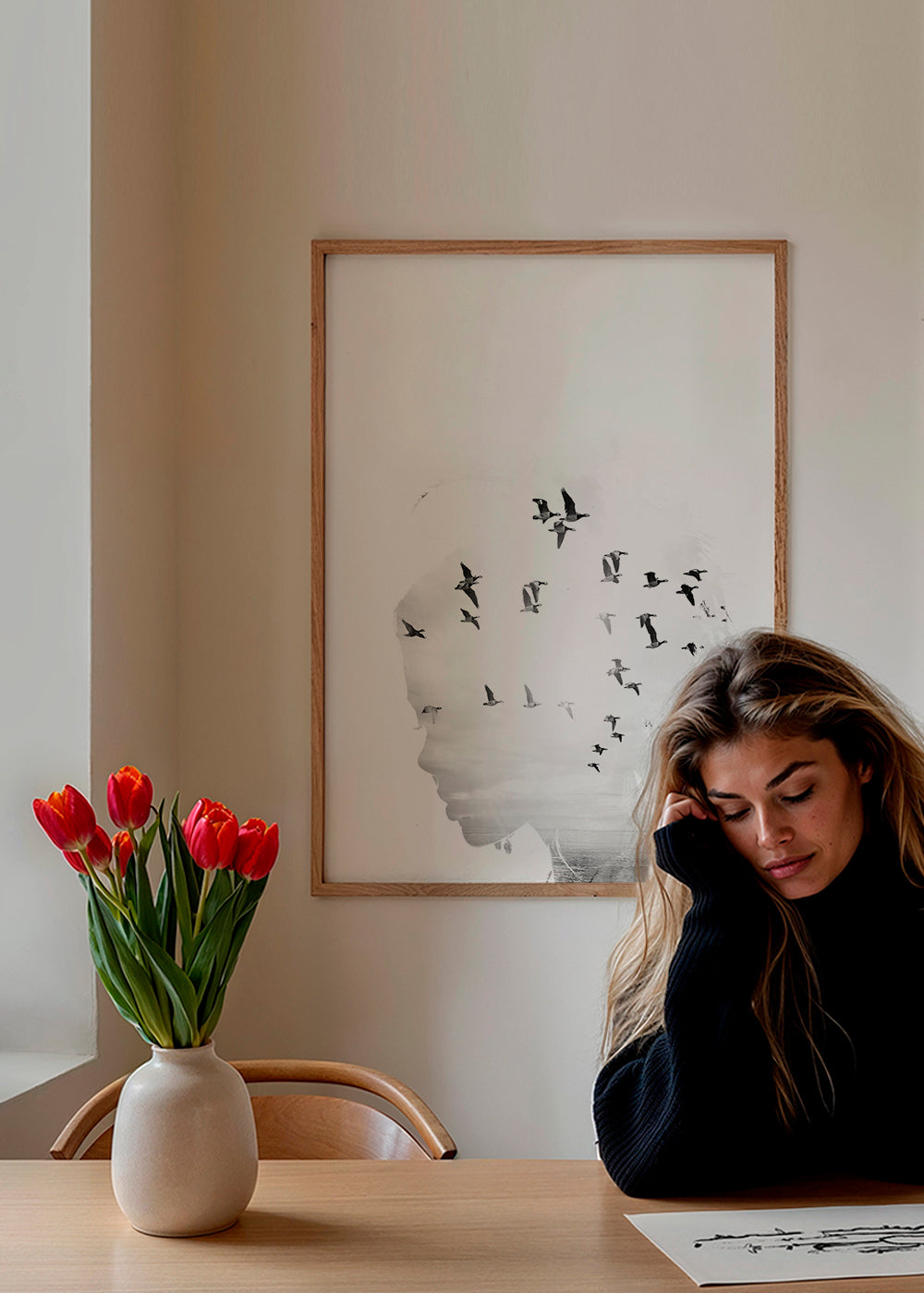 Sort-hvid kunst: profil med fugleflok