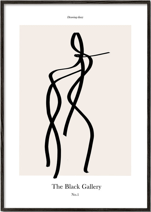Abstrakt kunst med sort linjefigur