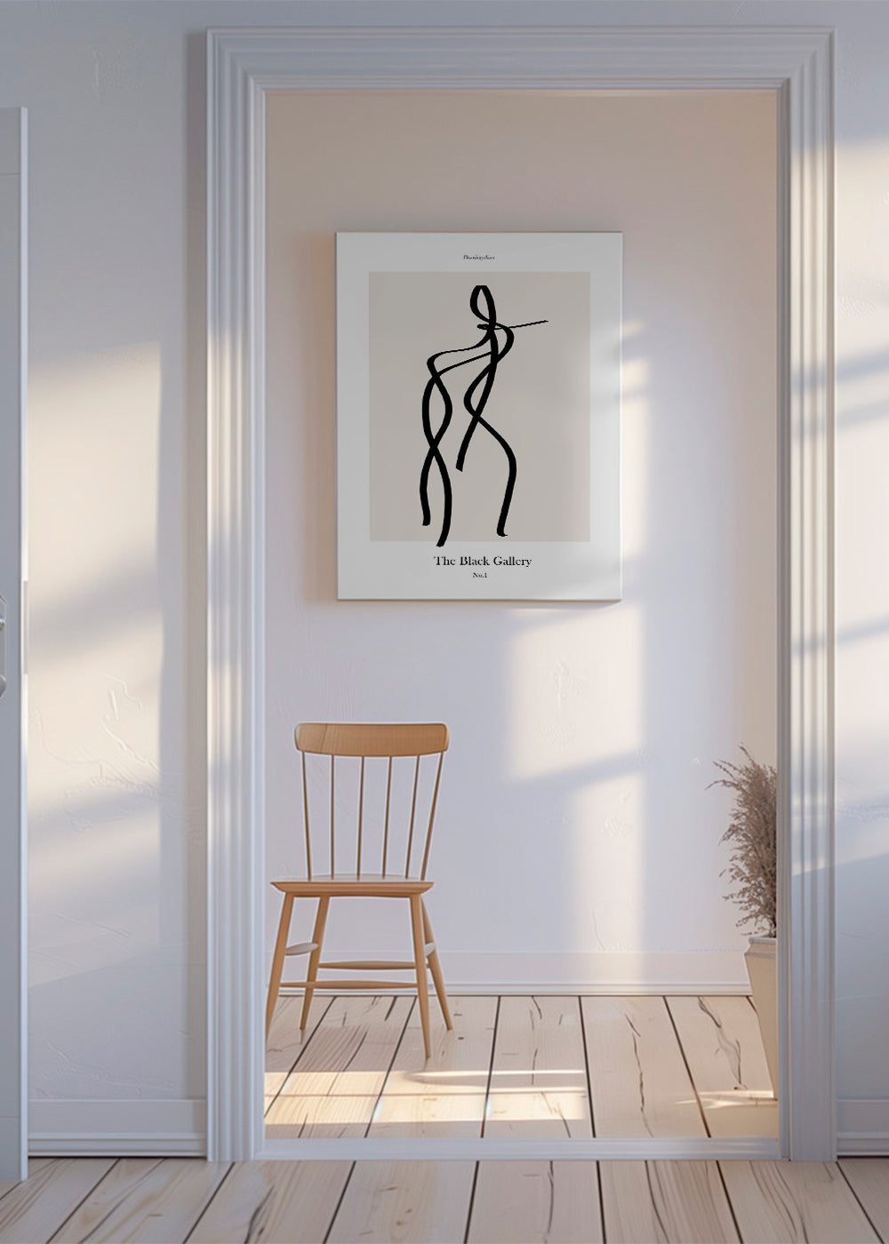 Abstrakt kunst med sort linjefigur
