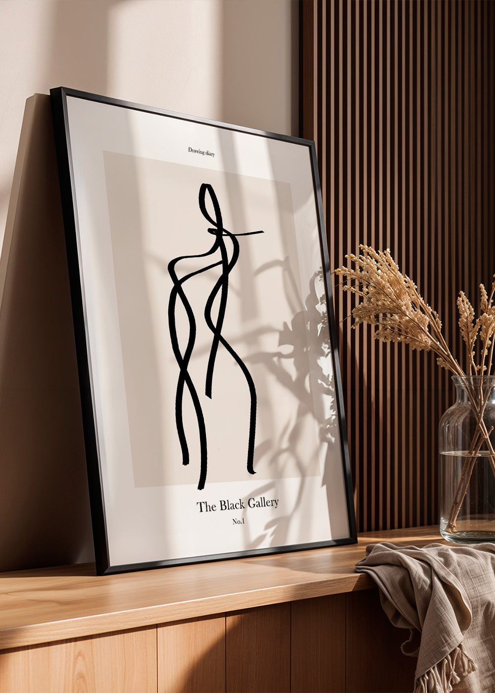 Abstrakt kunst med sort linjefigur