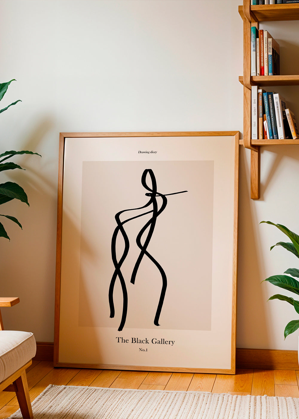 Abstrakt kunst med sort linjefigur