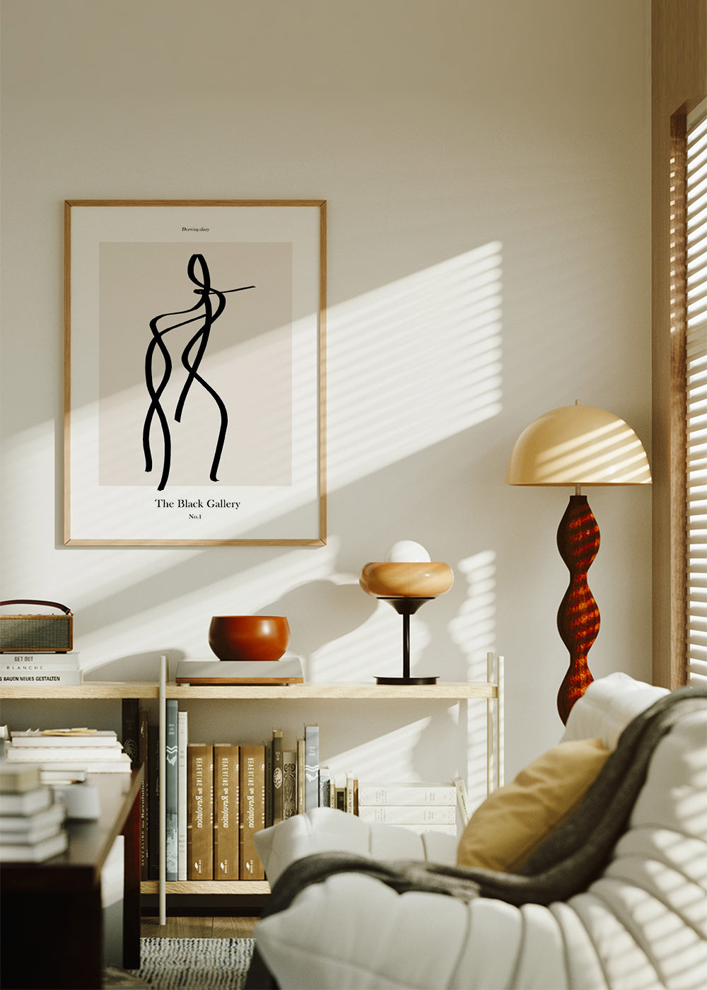 Abstrakt kunst med sort linjefigur