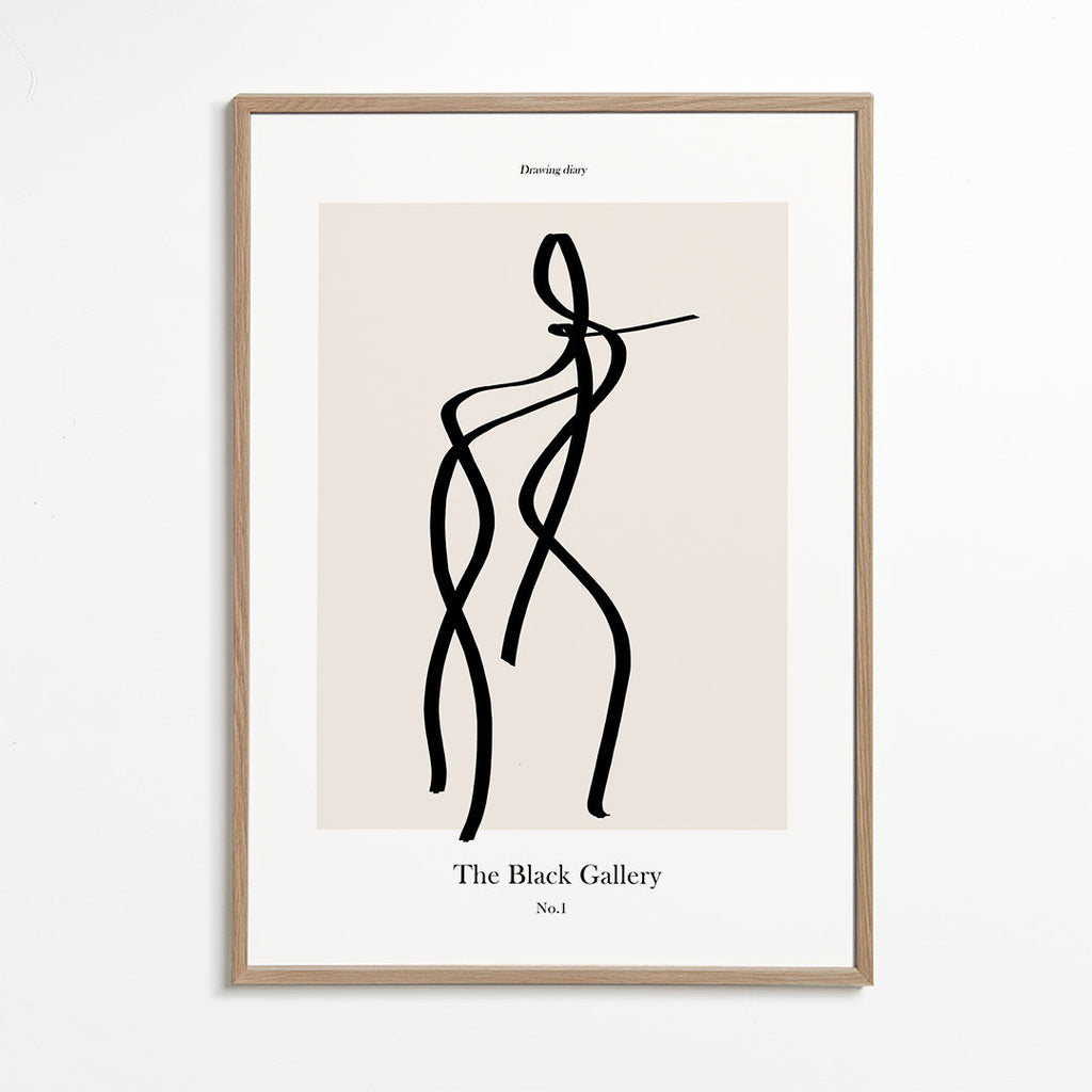 Abstrakt kunst med sort linjefigur