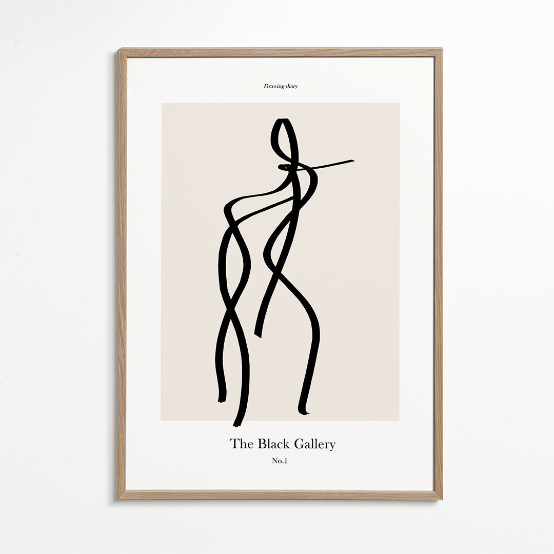 Abstrakt kunst med sort linjefigur