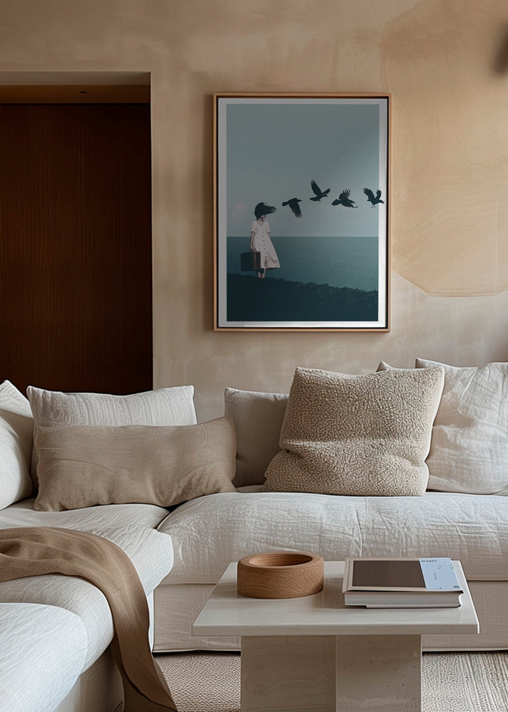 Landskabstryk: rejsende med fugle ved havet