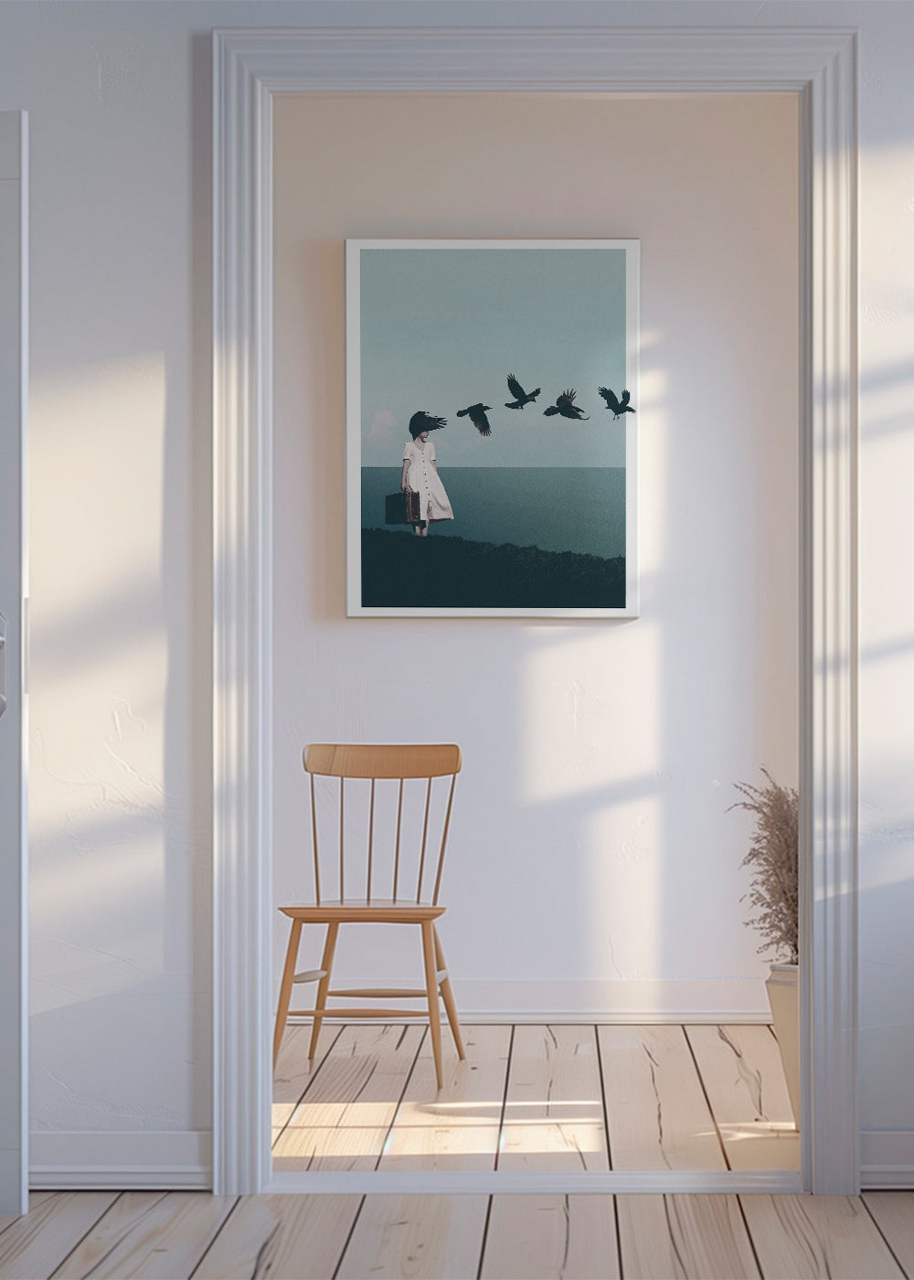 Landskabstryk: rejsende med fugle ved havet