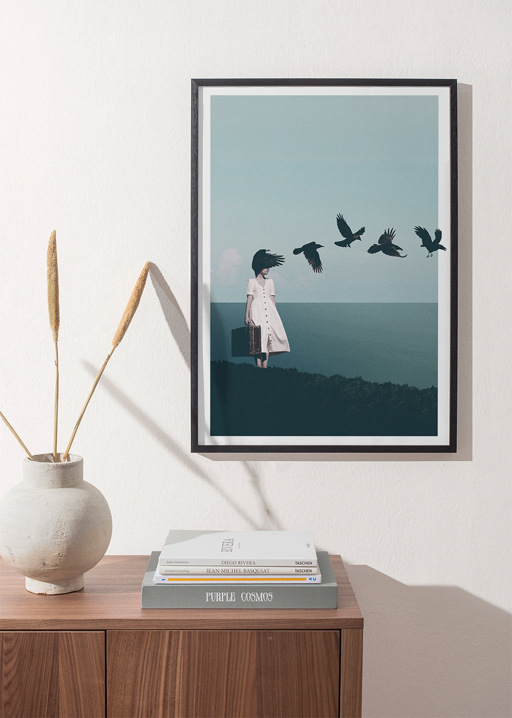 Landskabstryk: rejsende med fugle ved havet