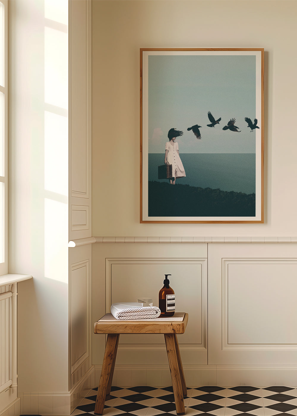 Landskabstryk: rejsende med fugle ved havet