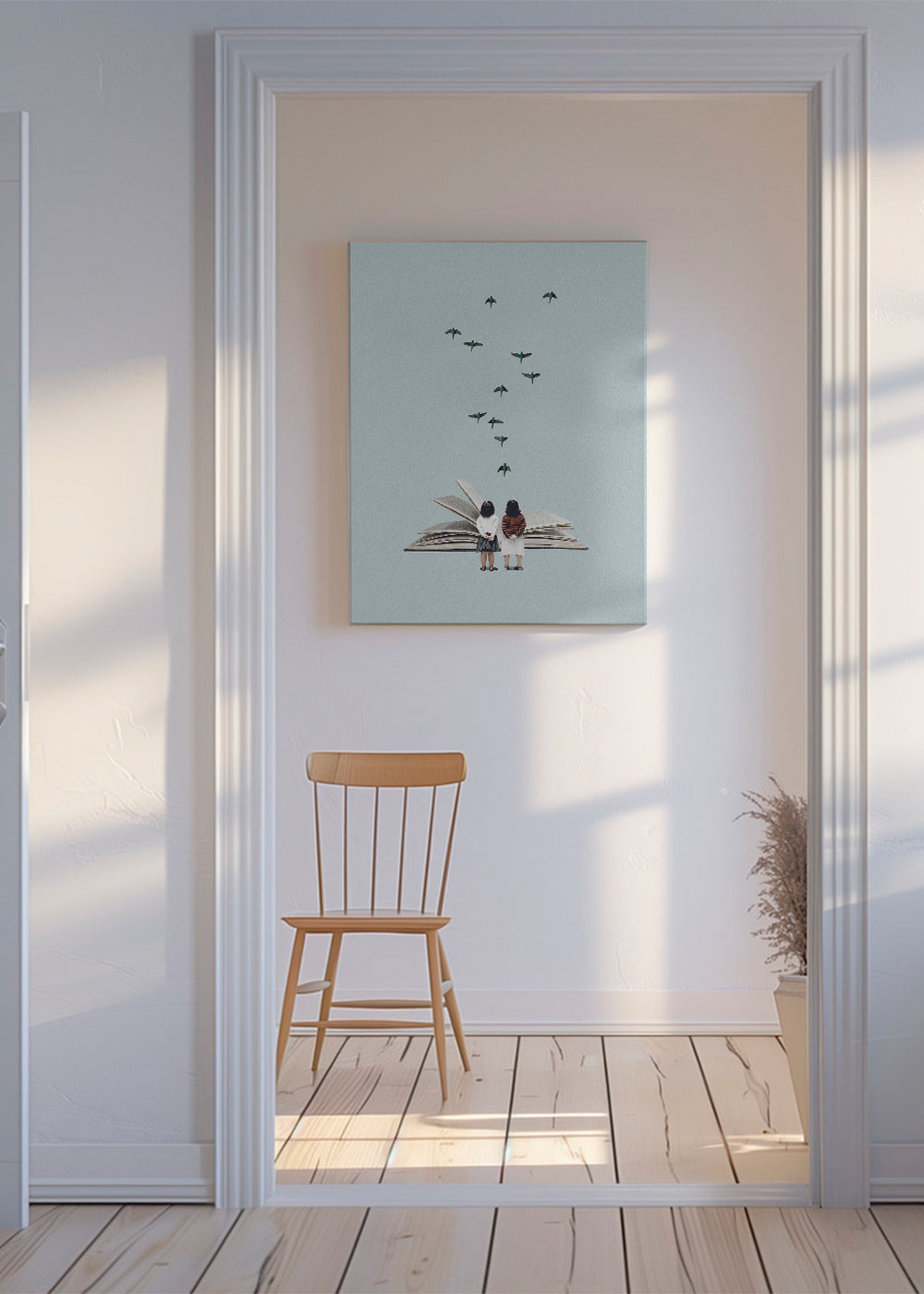 Illustration af børn og fugle på åben bog