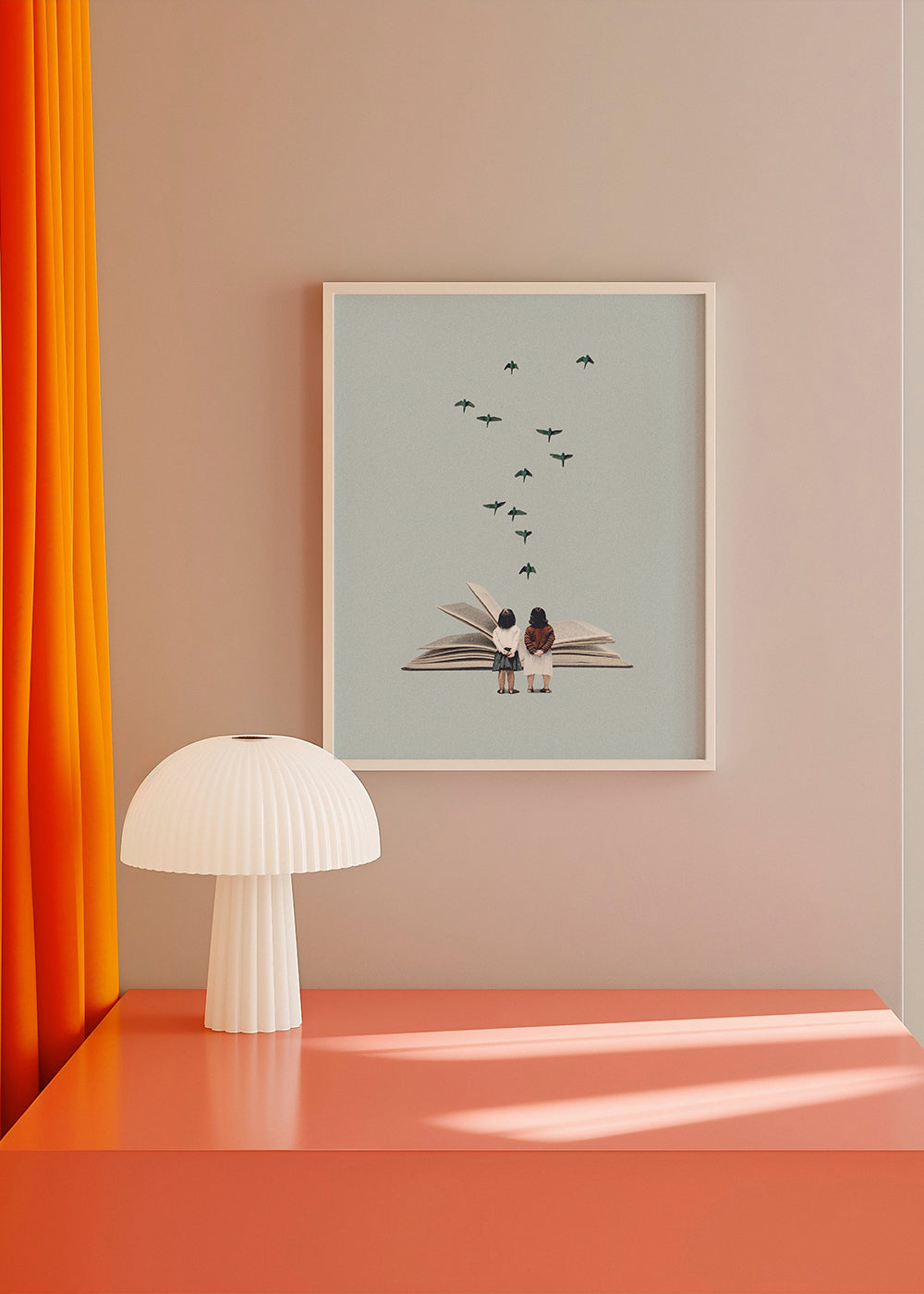 Illustration af børn og fugle på åben bog