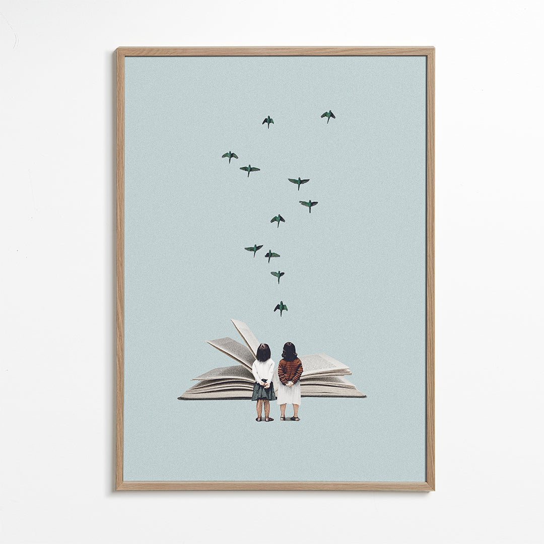 Illustration af børn og fugle på åben bog