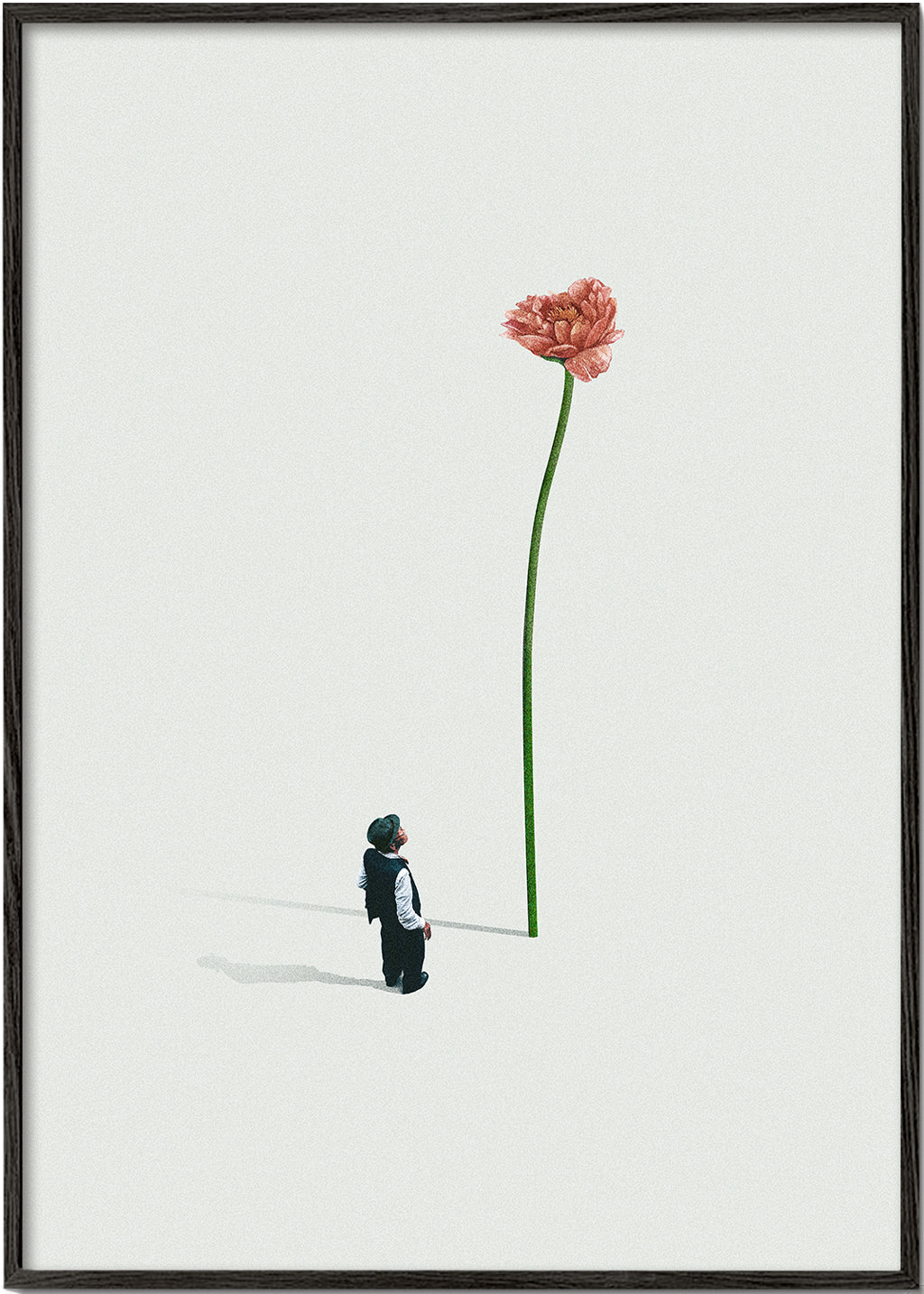 Botanisk plakat med kæmpe blomst og lille figur