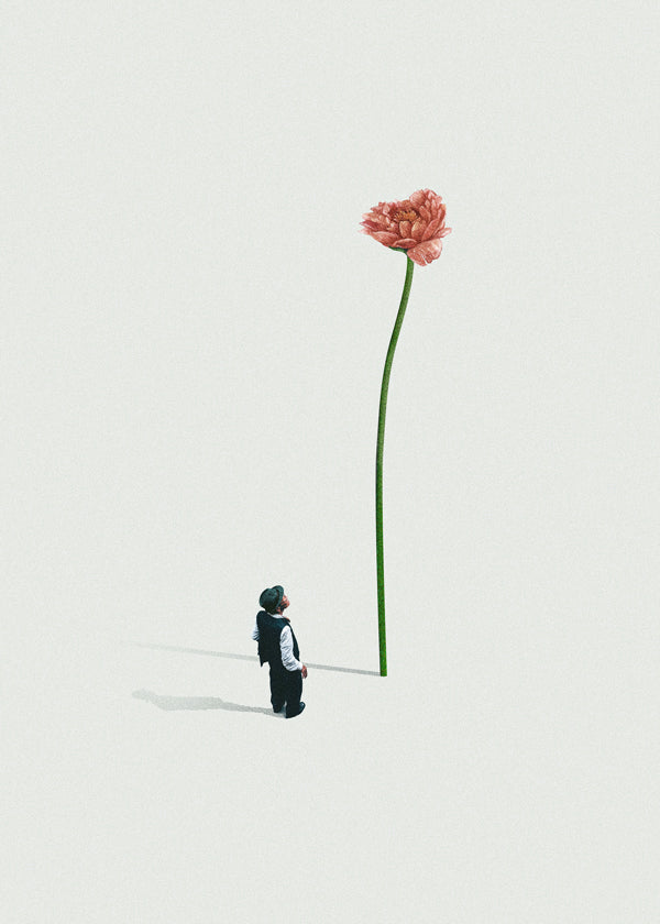 Botanisk plakat med kæmpe blomst og lille figur