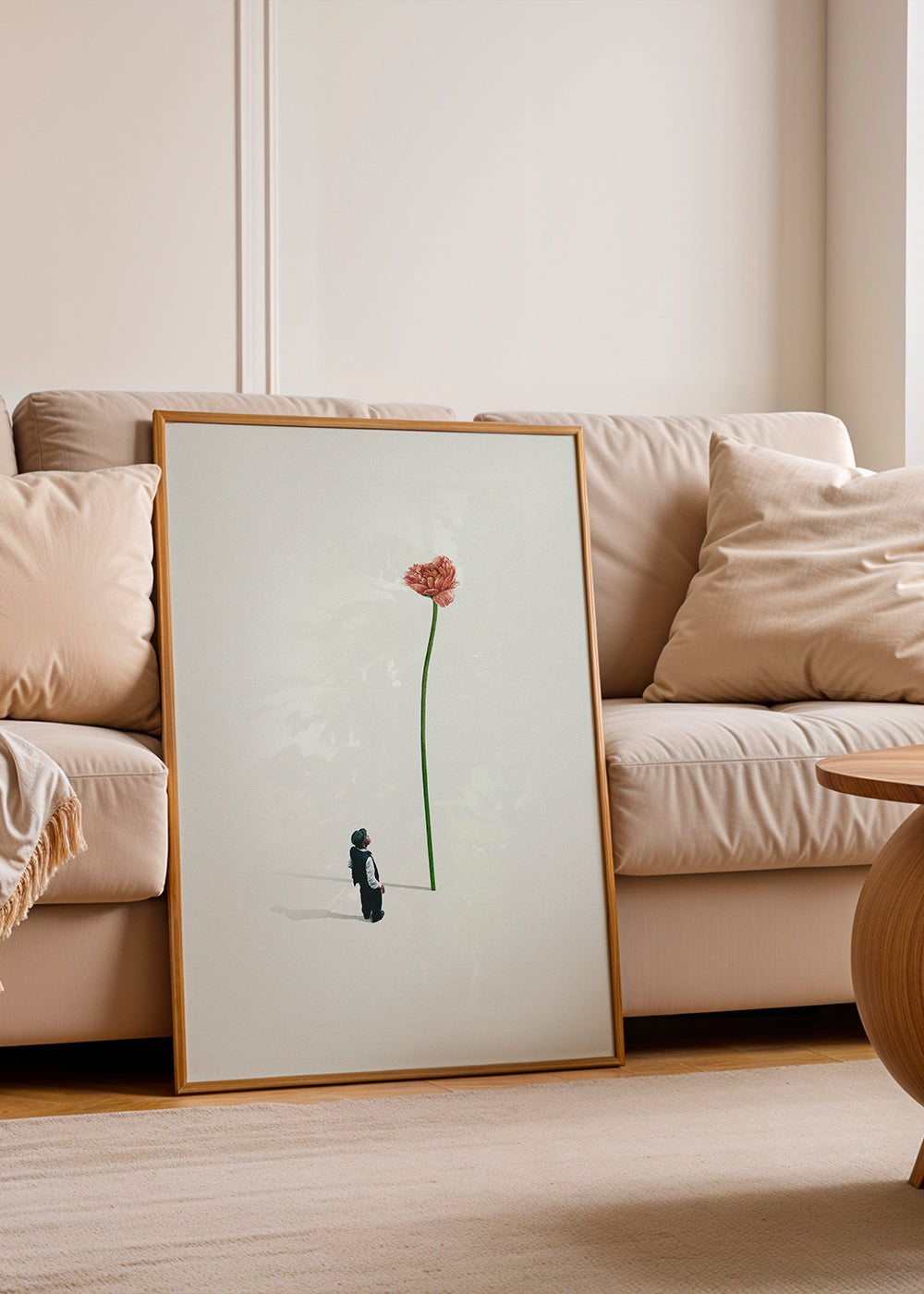 Botanisk plakat med kæmpe blomst og lille figur