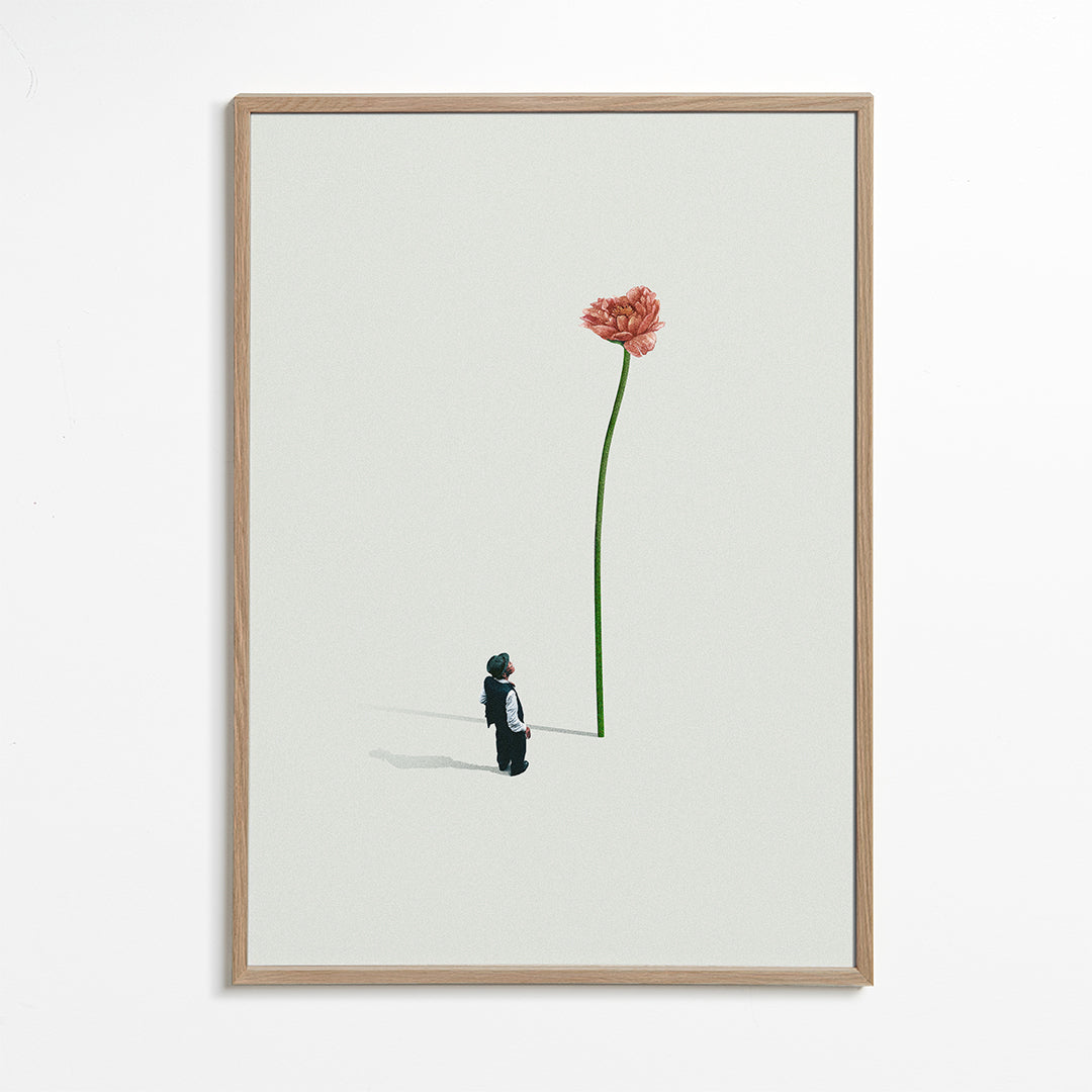 Botanisk plakat med kæmpe blomst og lille figur