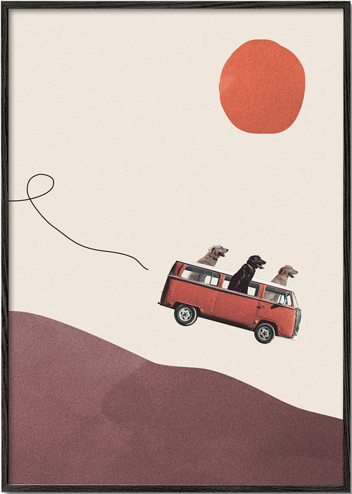 Plakat rød bus med hunde og minimalistisk bakke
