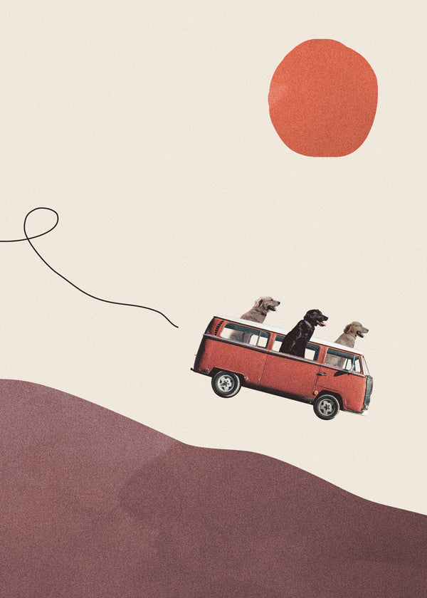 Plakat rød bus med hunde og minimalistisk bakke