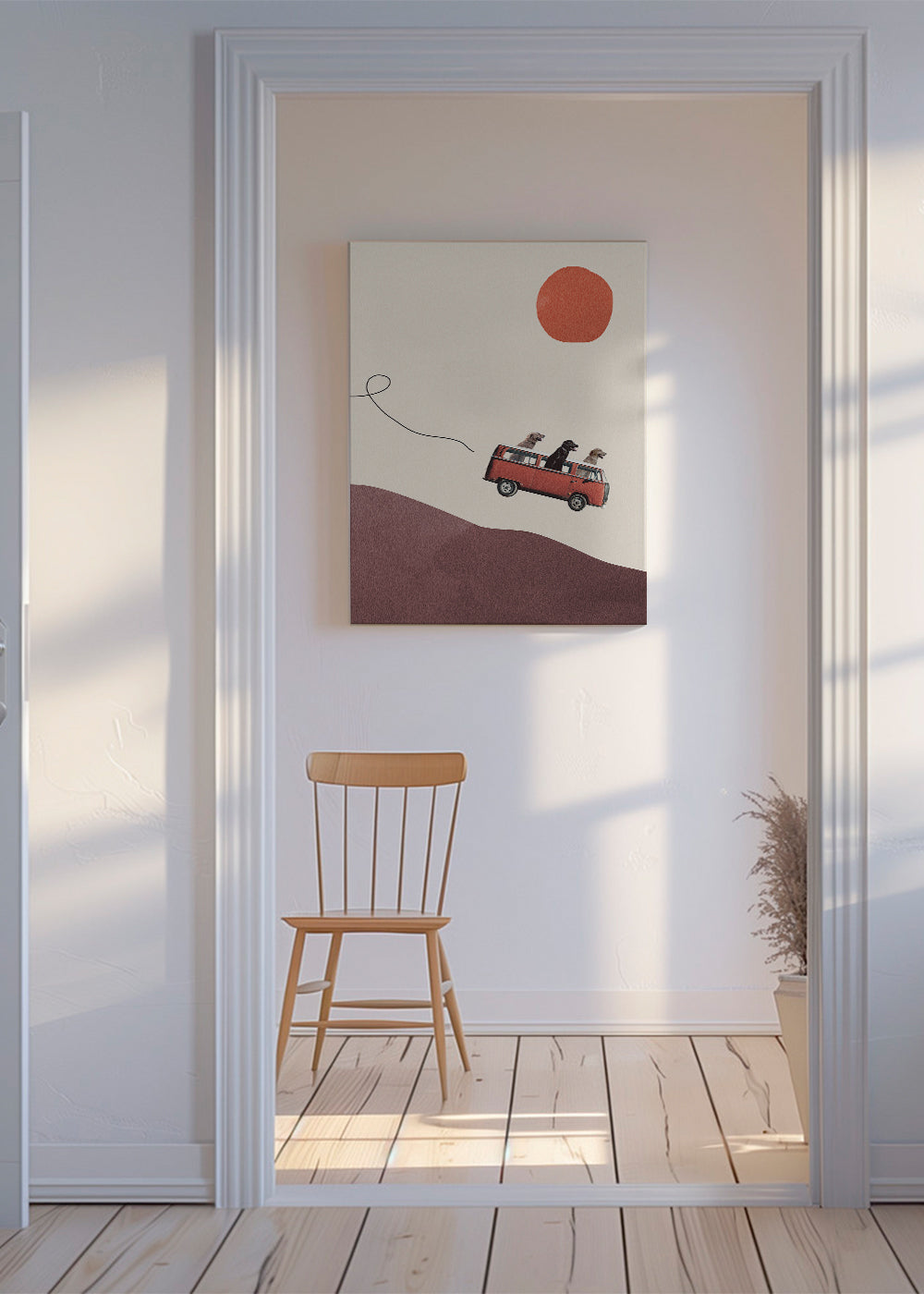 Plakat rød bus med hunde og minimalistisk bakke