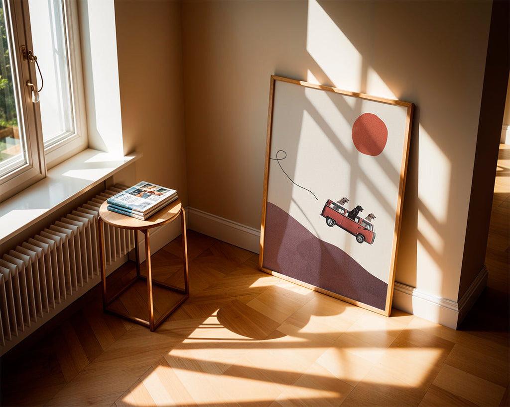 Plakat rød bus med hunde og minimalistisk bakke