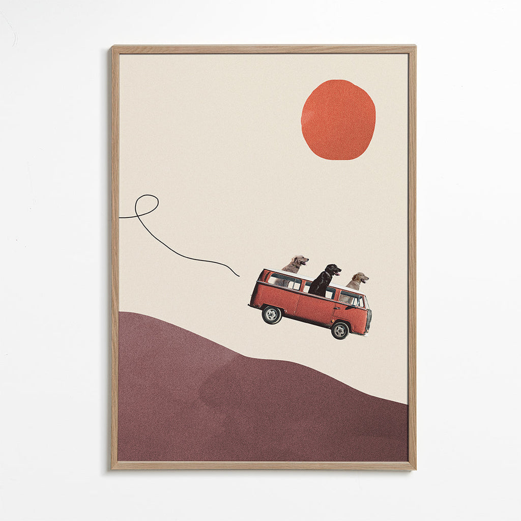 Plakat rød bus med hunde og minimalistisk bakke