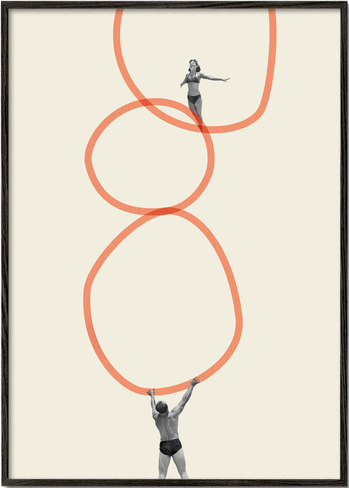 Minimalistisk billede med figurer og orange ringe