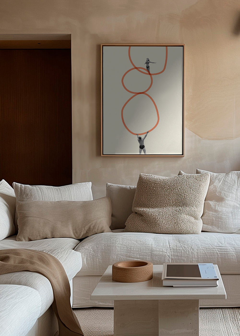 Minimalistisk billede med figurer og orange ringe