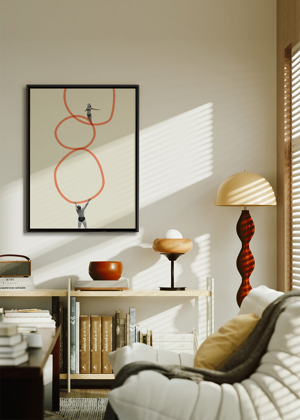 Minimalistisk billede med figurer og orange ringe