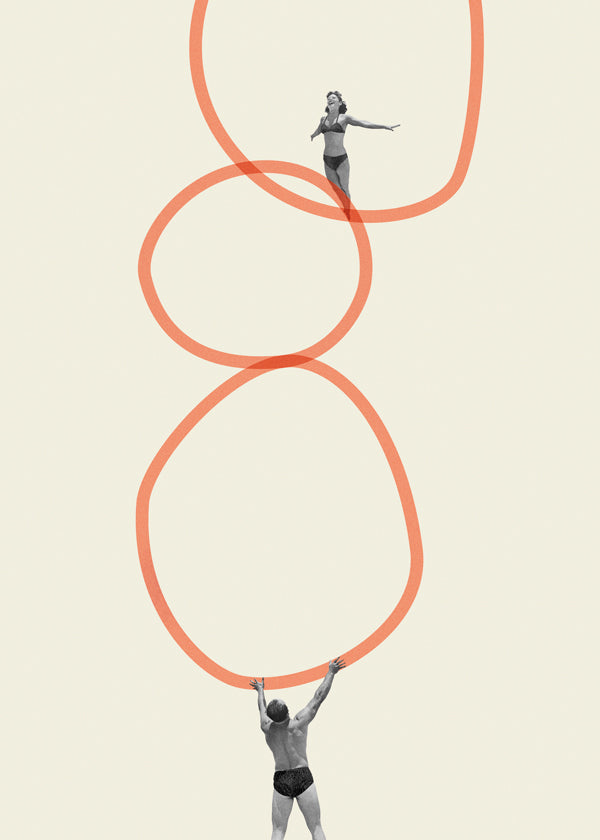 Minimalistisk billede med figurer og orange ringe