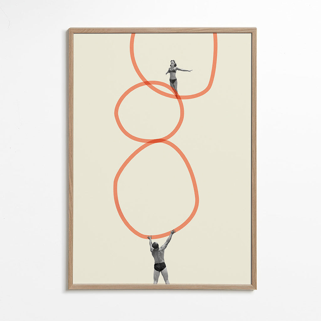 Minimalistisk billede med figurer og orange ringe