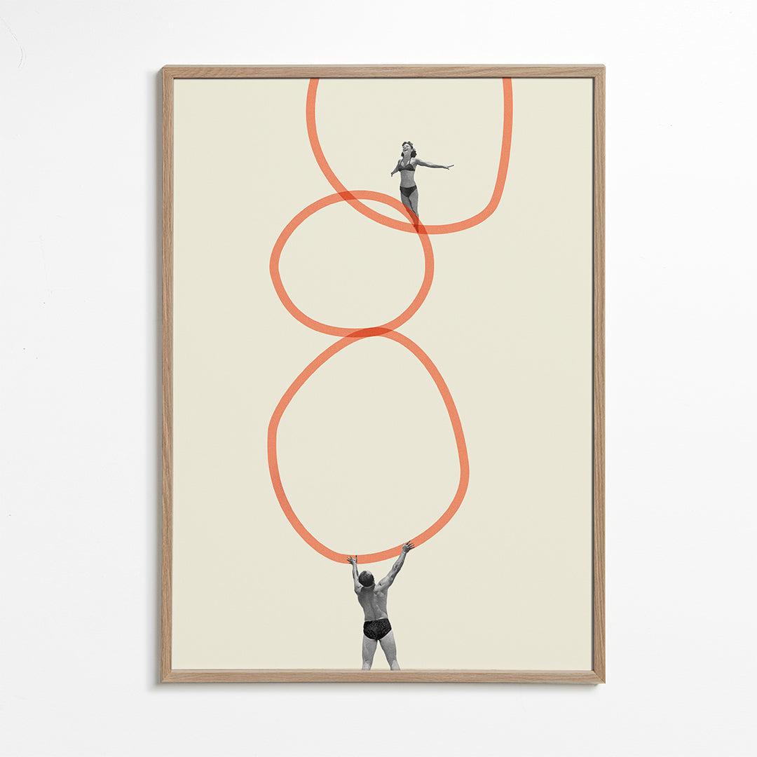 Minimalistisk billede med figurer og orange ringe