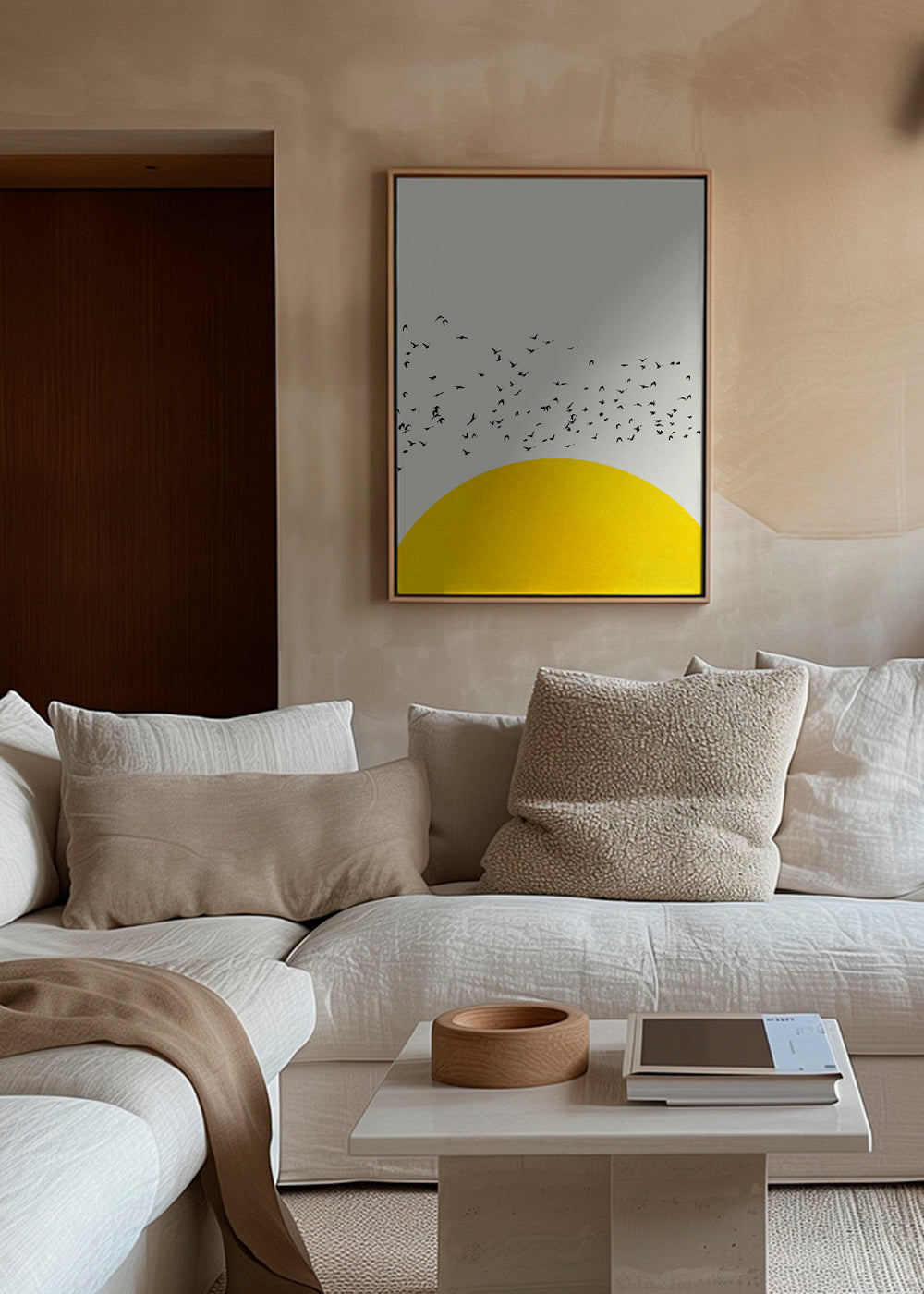 Illustration af flok over minimalistisk sol
