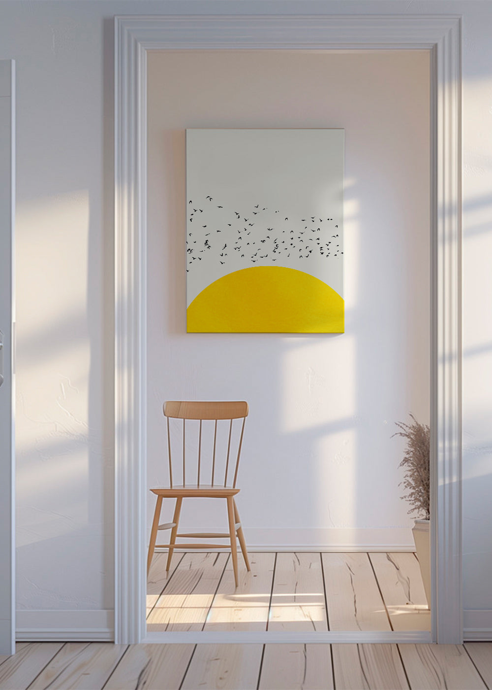 Illustration af flok over minimalistisk sol