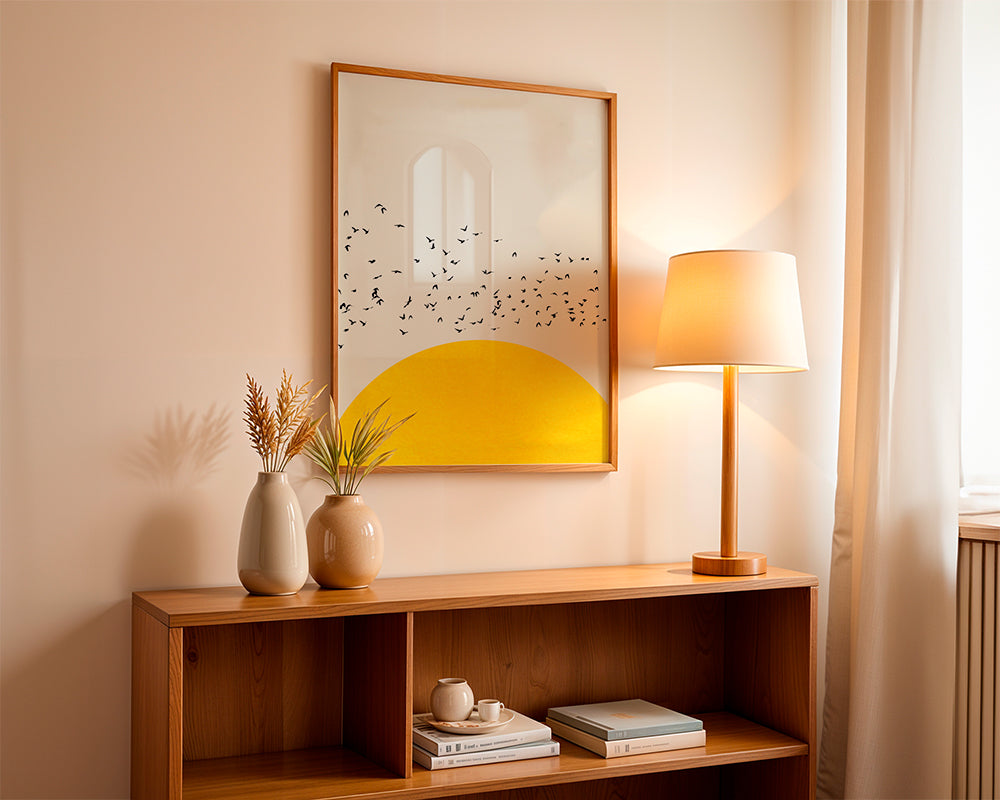 Illustration af flok over minimalistisk sol