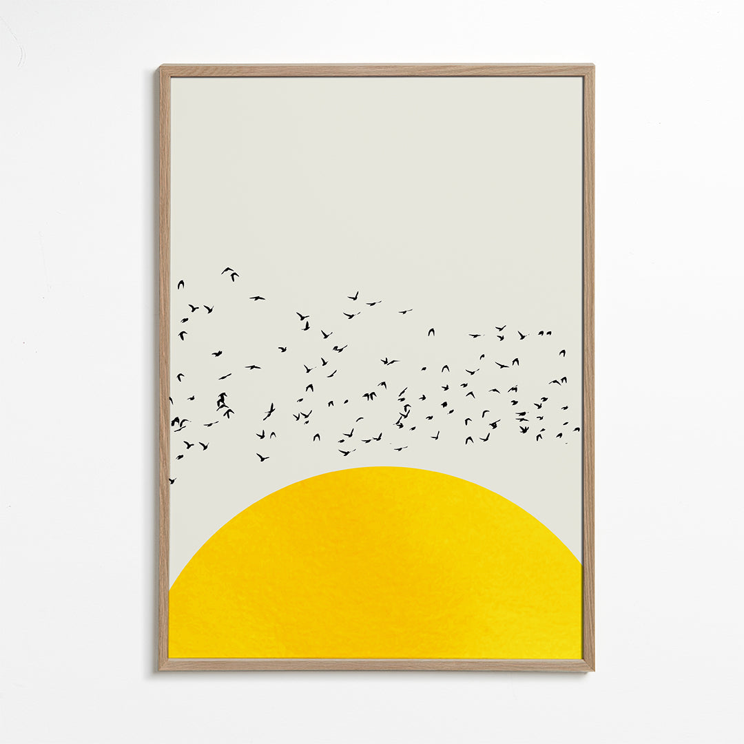 Illustration af flok over minimalistisk sol