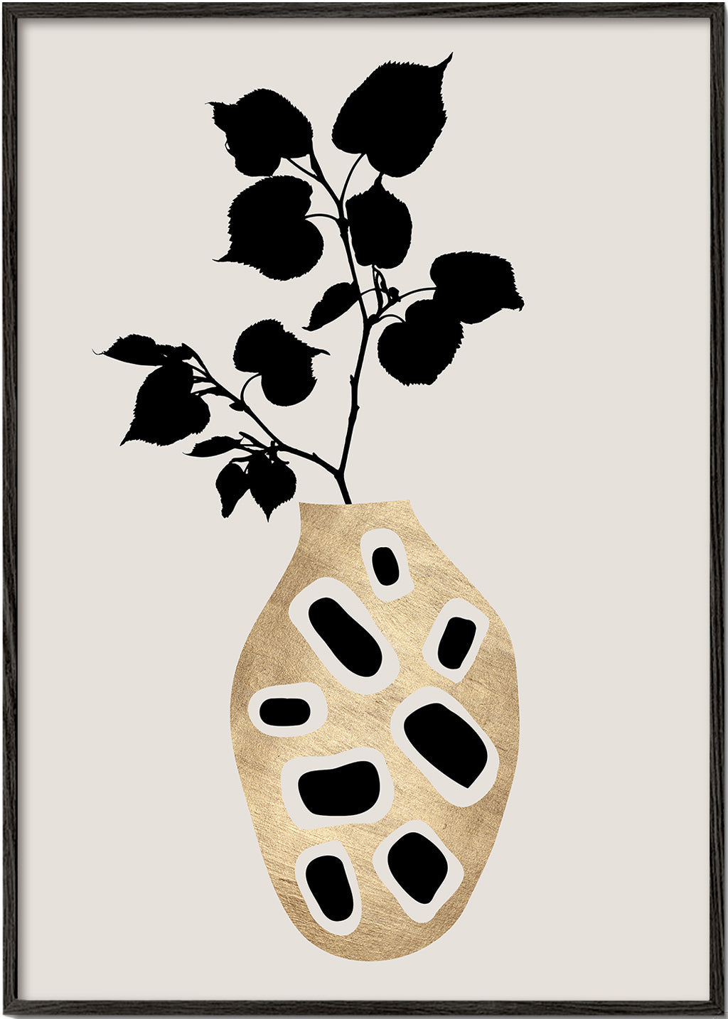 Botanisk plakat med gyldent vase og silhuetblade