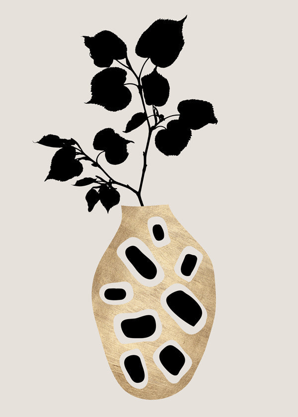 Botanisk plakat med gyldent vase og silhuetblade