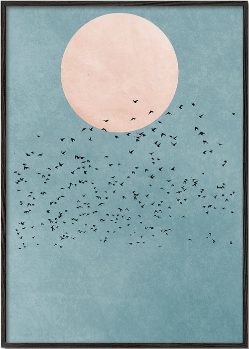 Minimalistisk illustration rosa måne og fugleflok