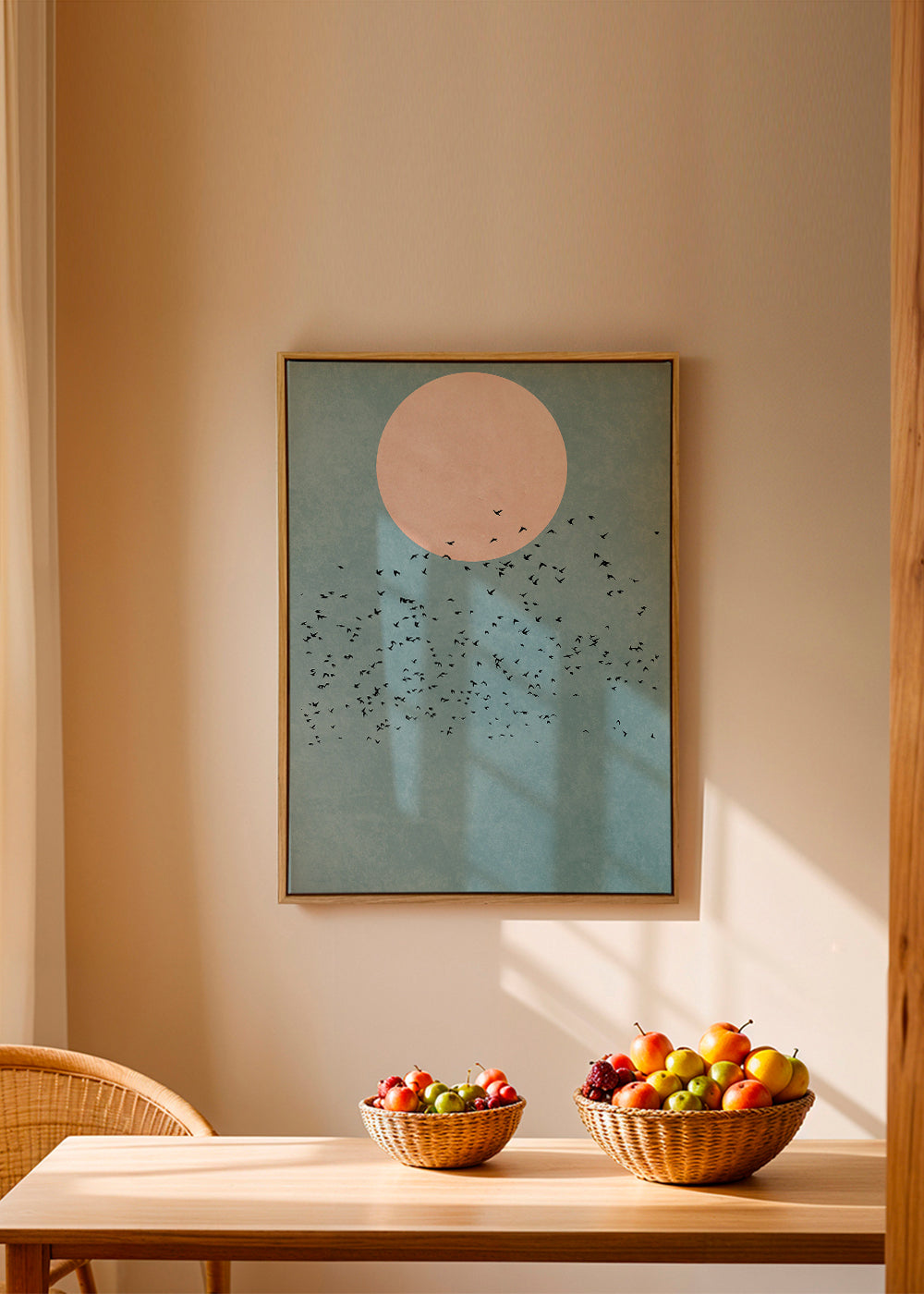 Minimalistisk illustration rosa måne og fugleflok