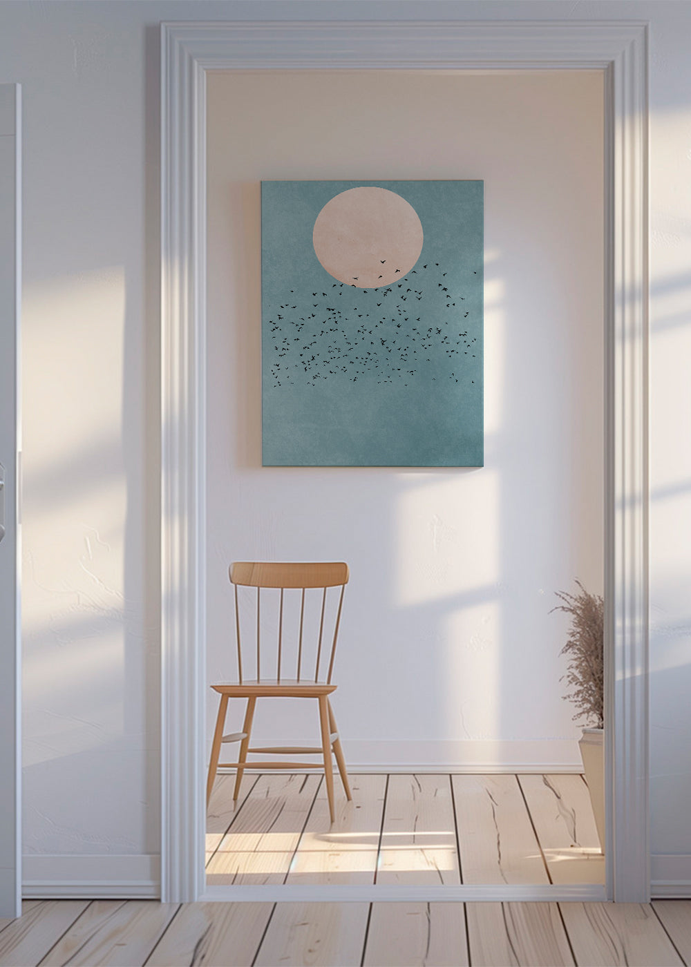 Minimalistisk illustration rosa måne og fugleflok