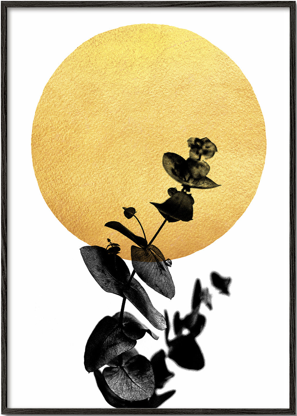 Botanisk plakat: blad-silhuet og gyldent sol