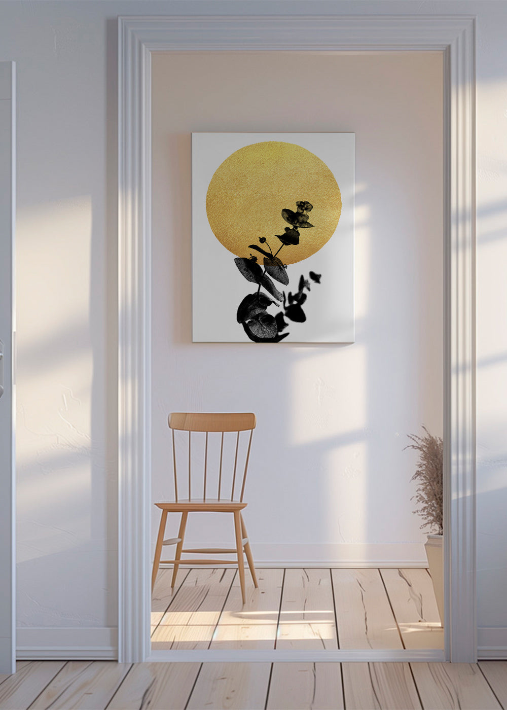 Botanisk plakat: blad-silhuet og gyldent sol