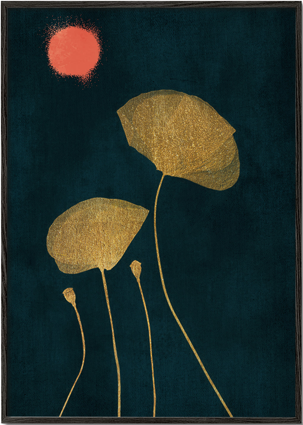 Botanisk plakat med forgyldte blade og koral kugle