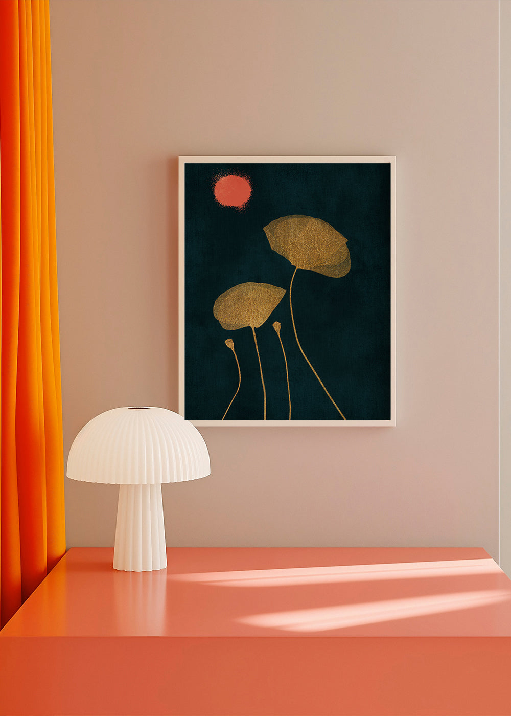 Botanisk plakat med forgyldte blade og koral kugle