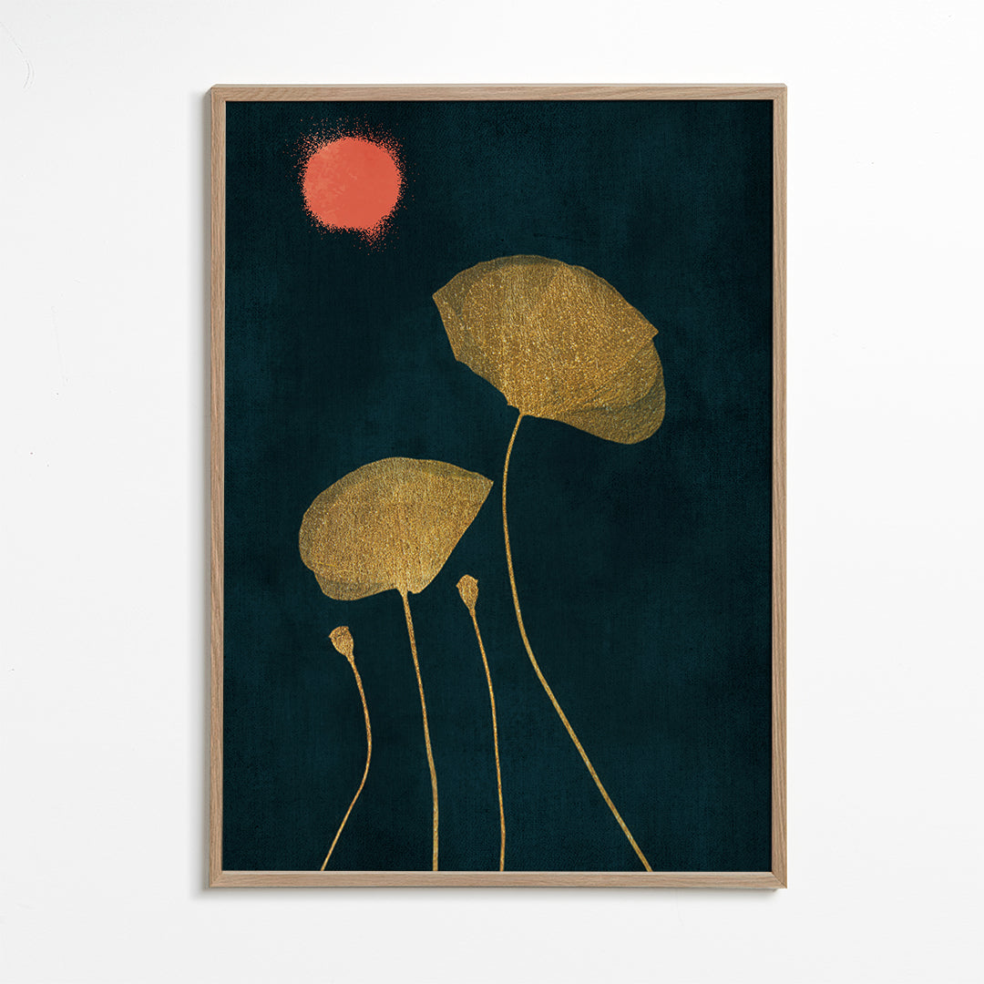 Botanisk plakat med forgyldte blade og koral kugle