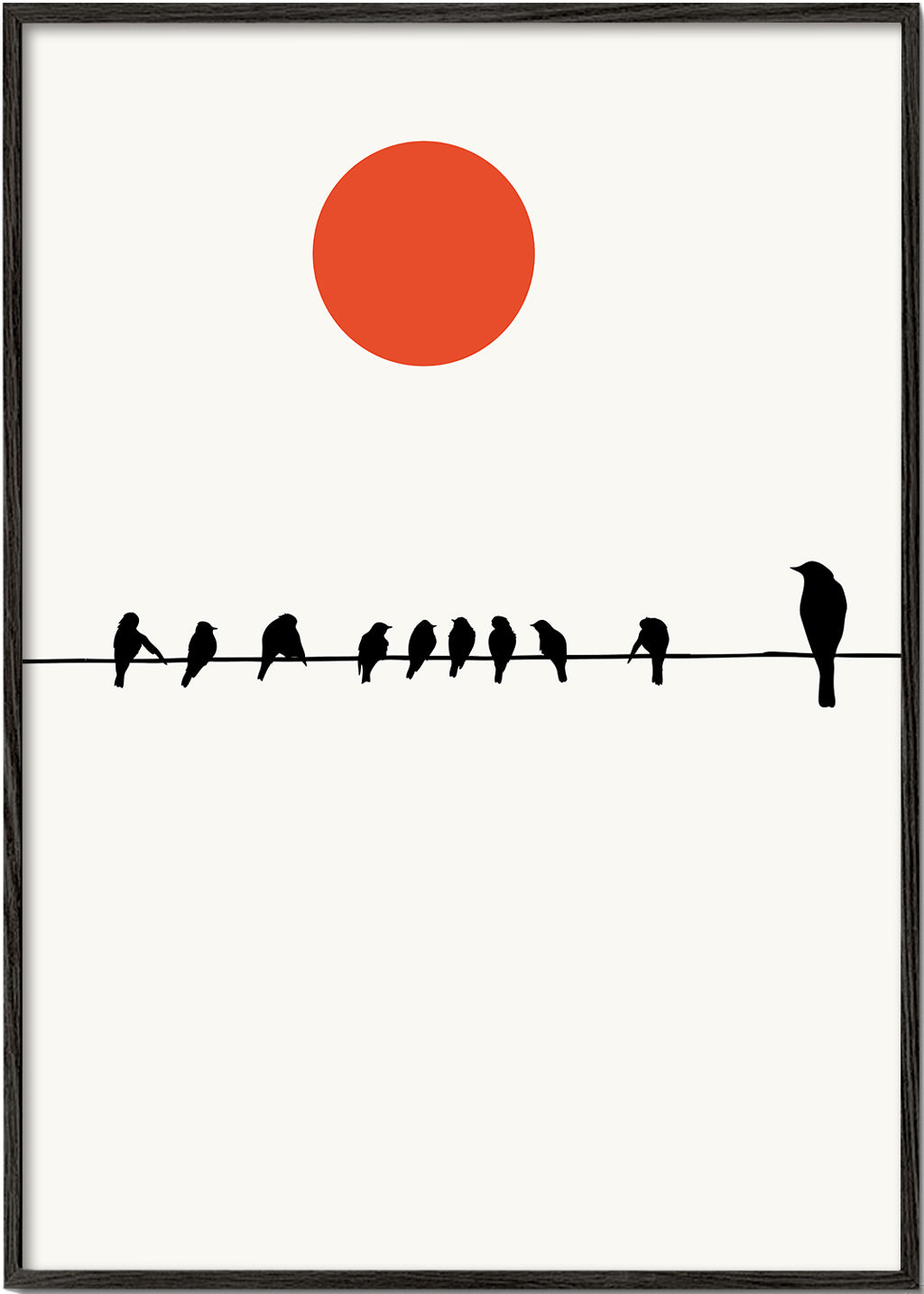 Minimalistisk plakat fugle på ledning og rød sol