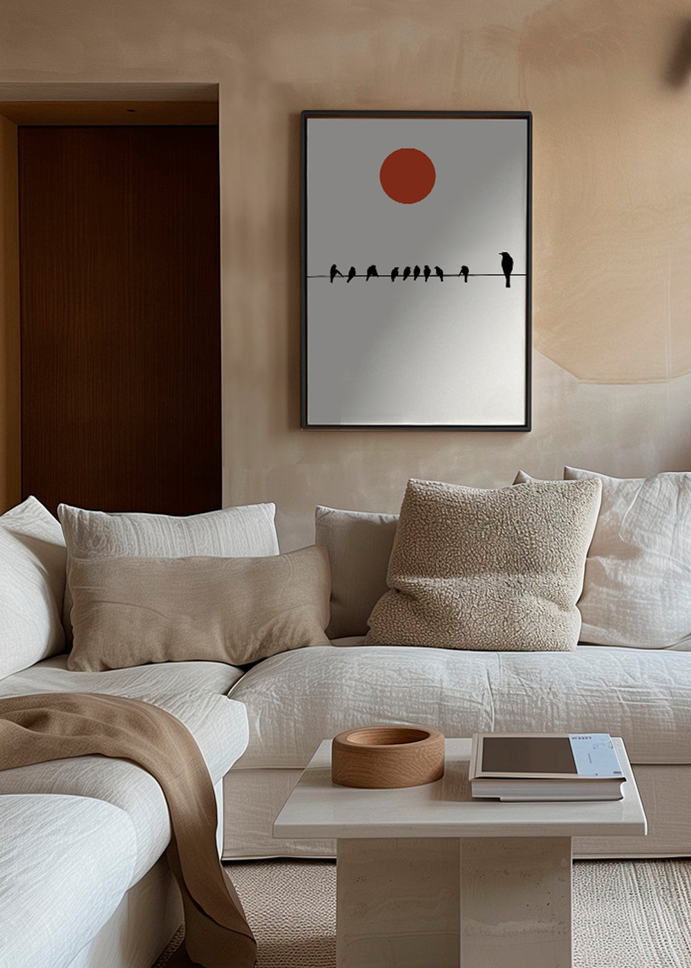 Minimalistisk plakat fugle på ledning og rød sol